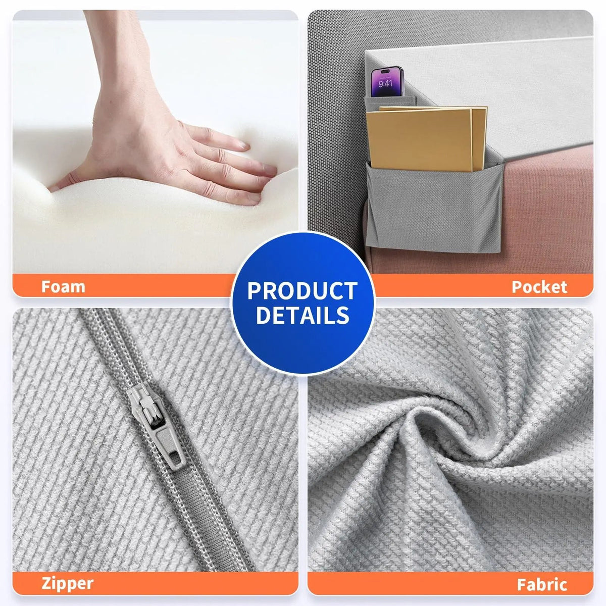 Mattress Gap Pillow with Silicone Grip Dots and Storage Pockets for Secure Bedside Support