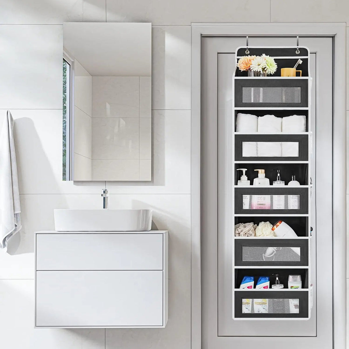 5 Shelf Over Door Organizer with Reinforced Structure and Large Pockets for Bedroom, Bathroom, and Pantry Storage