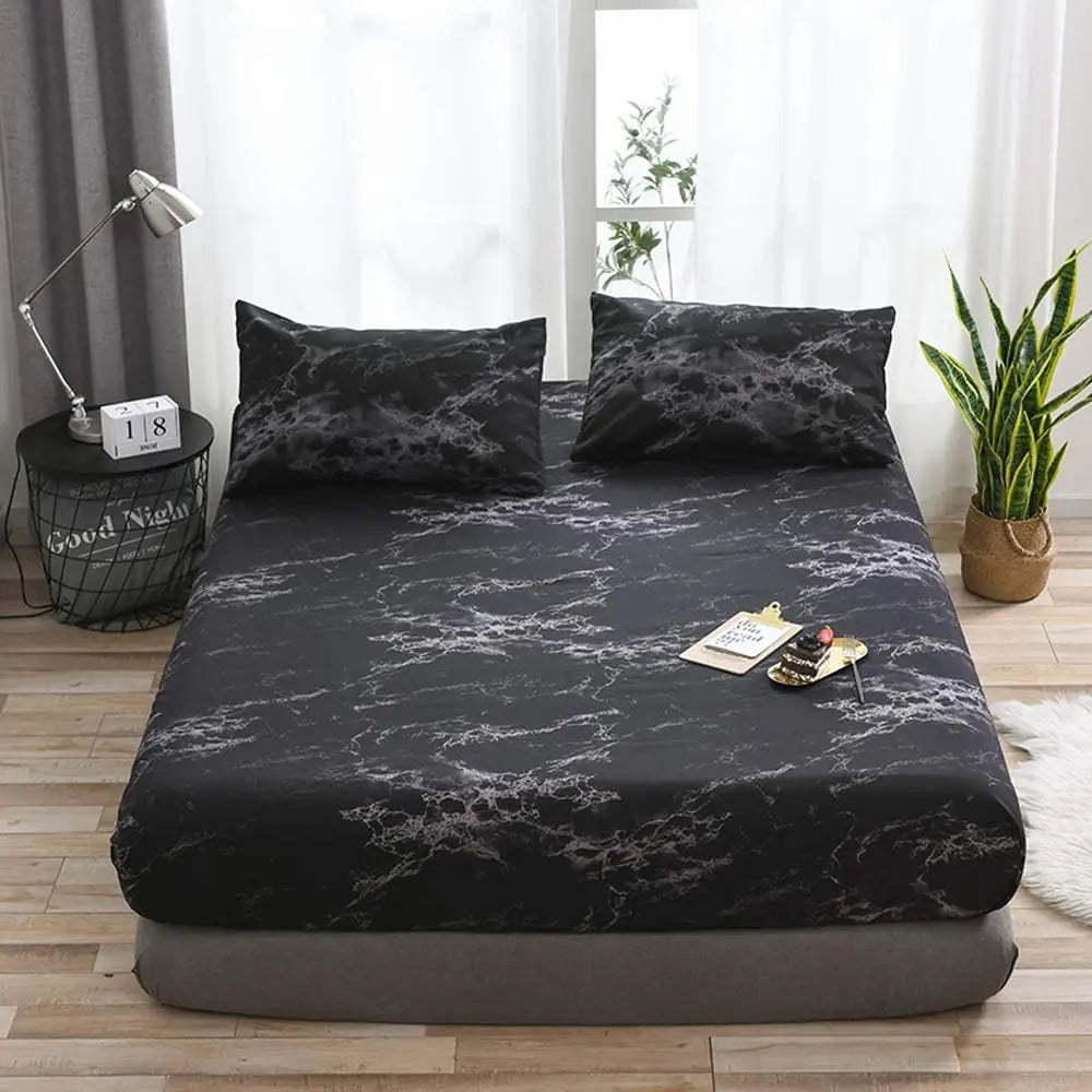 Marble Print Fitted Sheet Set with Breathable Microfiber Fabric for Everyday Bedding
