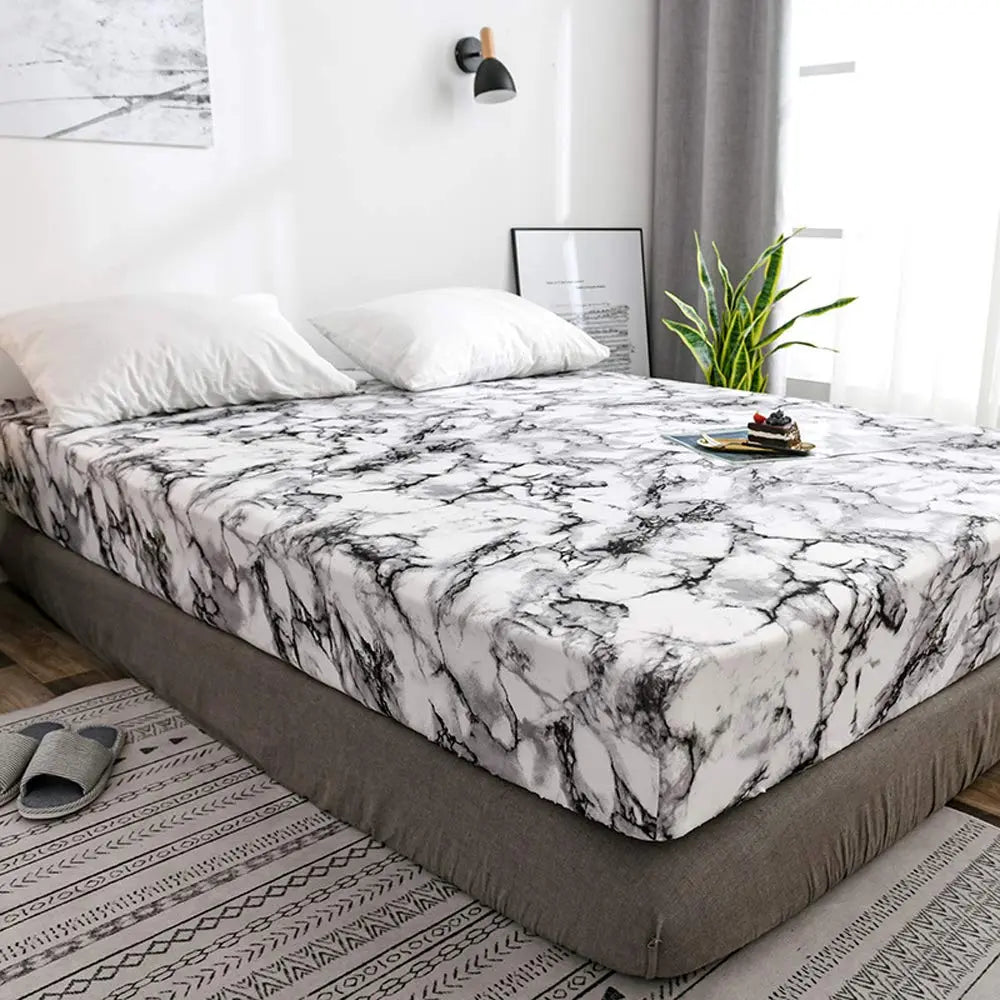 Marble Print Fitted Sheet Set with Breathable Microfiber Fabric for Everyday Bedding