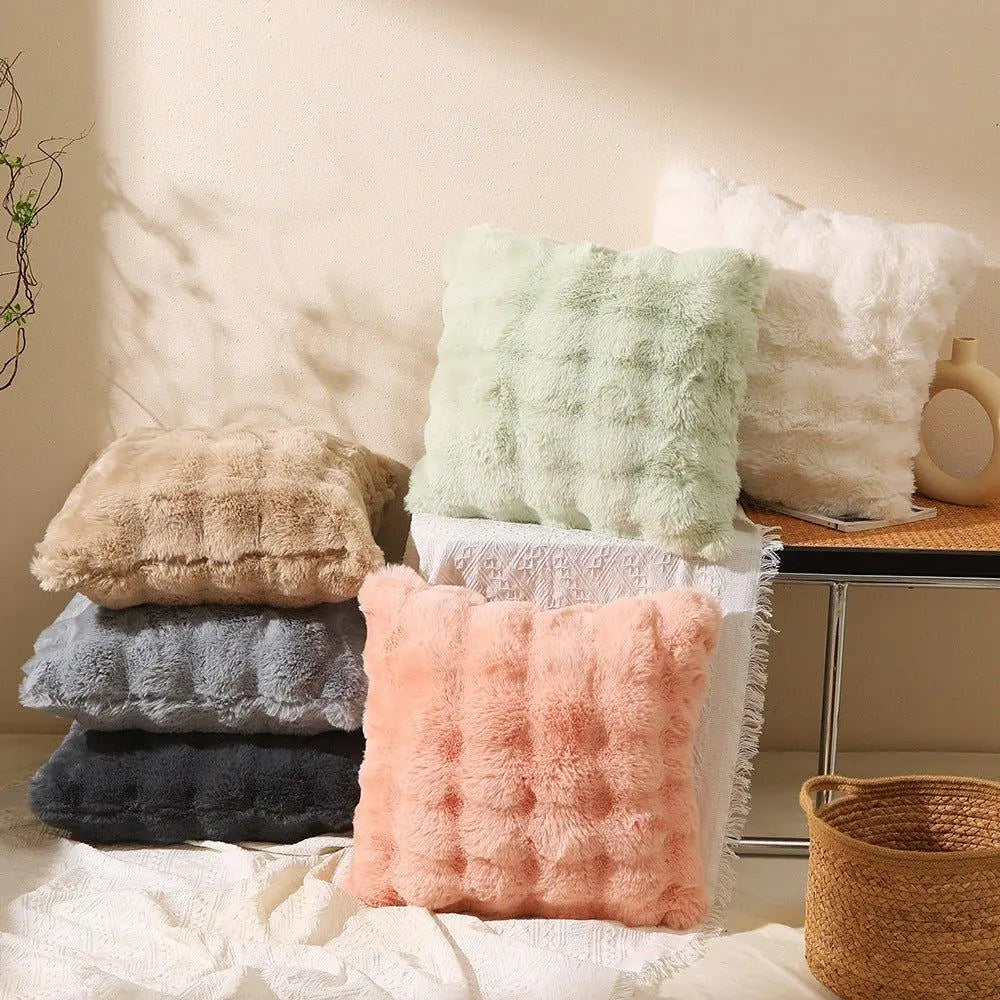 Faux Rabbit Fur Bubble Velvet Pillow Cover with Solid Color Design for Sofa and Room Decor
