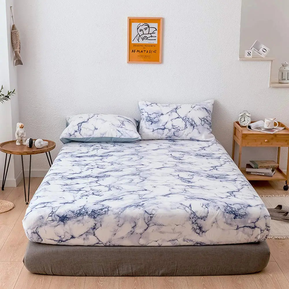 Marble Print Fitted Sheet Set with Breathable Microfiber Fabric for Everyday Bedding