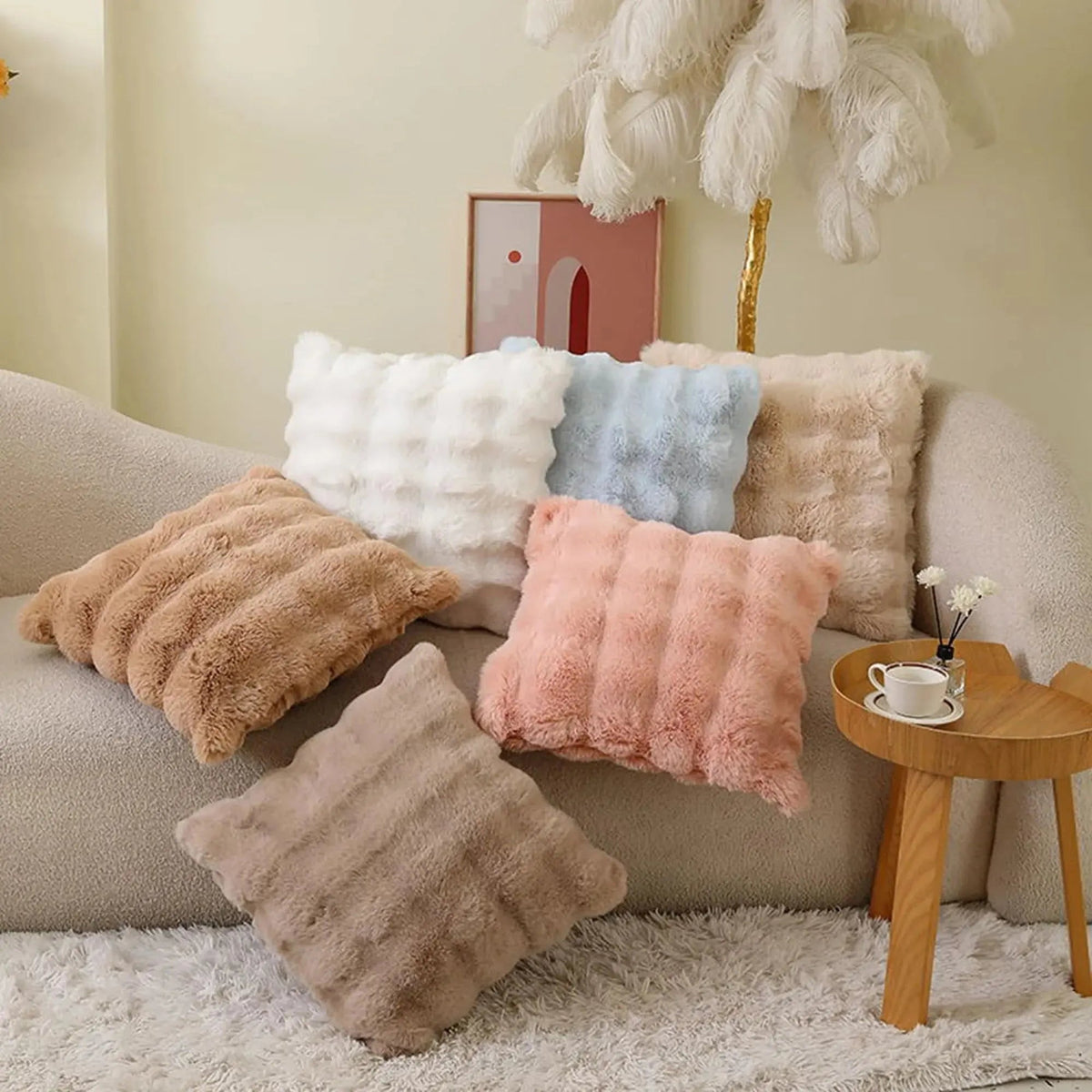 Faux Rabbit Fur Bubble Velvet Pillow Cover with Solid Color Design for Sofa and Room Decor