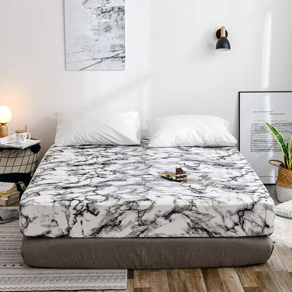Marble Print Fitted Sheet Set with Breathable Microfiber Fabric for Everyday Bedding