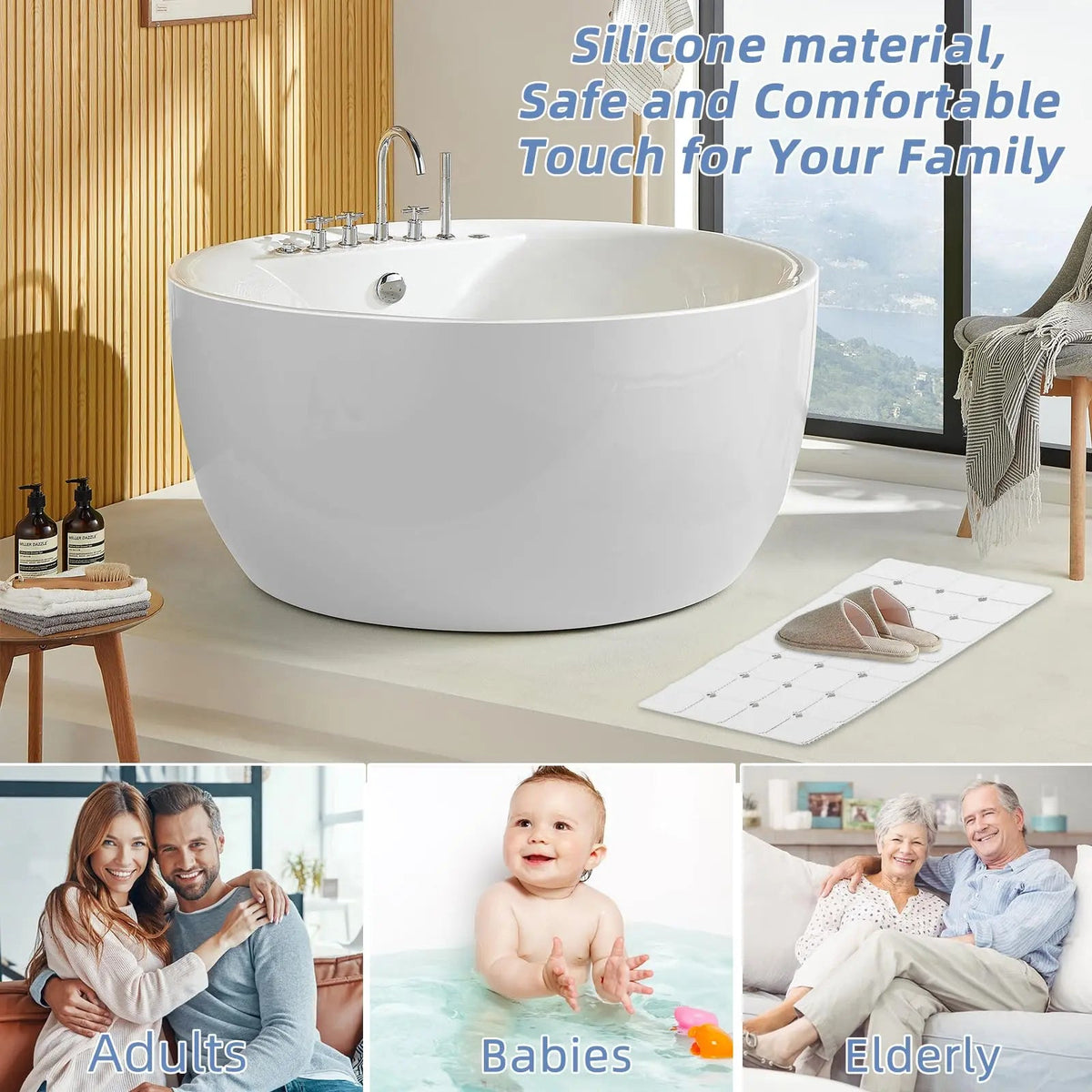 Non-Slip Silicone Bathtub Mat with Suction Cups and Drain Holes for Shower and Tub Use