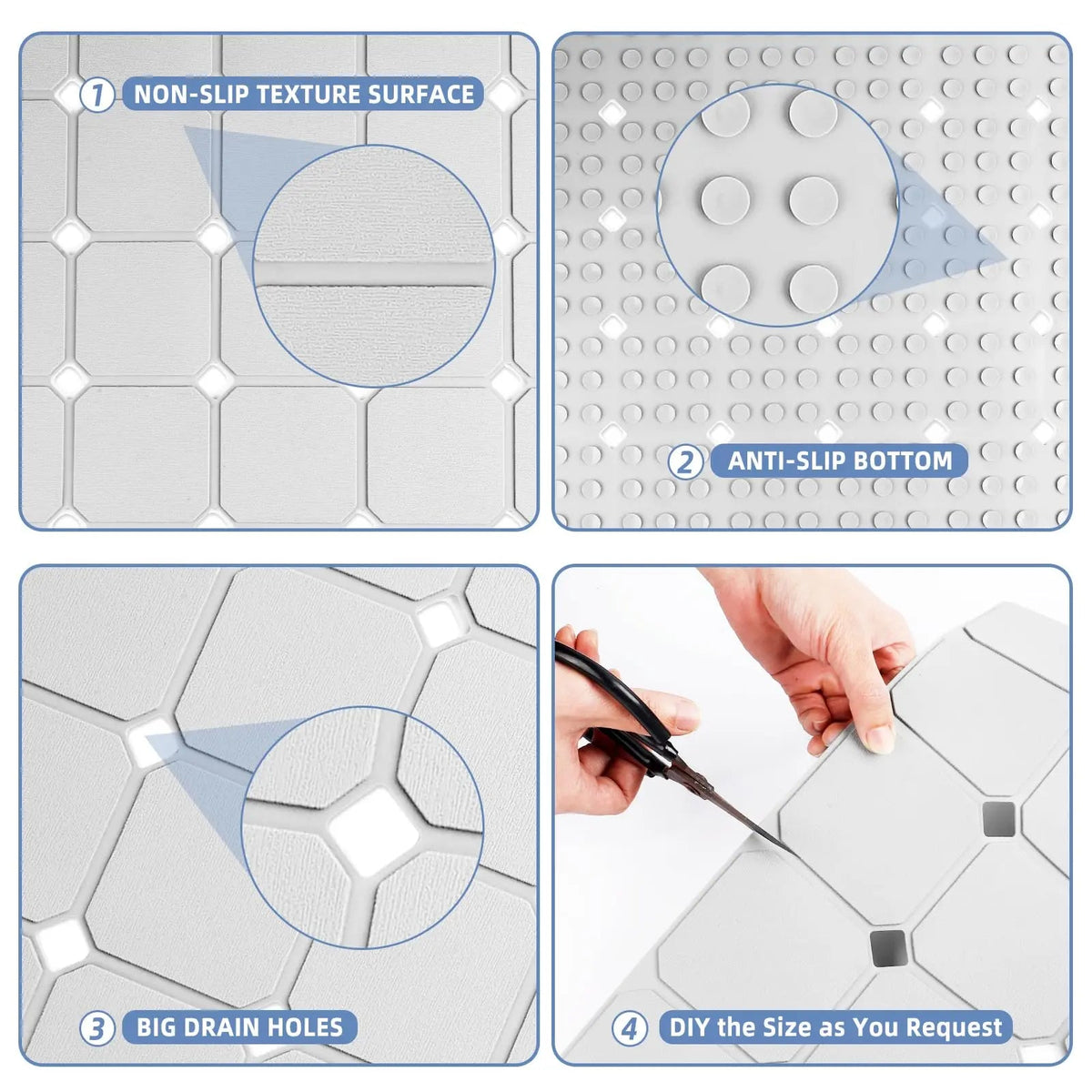 Non-Slip Silicone Bathtub Mat with Suction Cups and Drain Holes for Shower and Tub Use