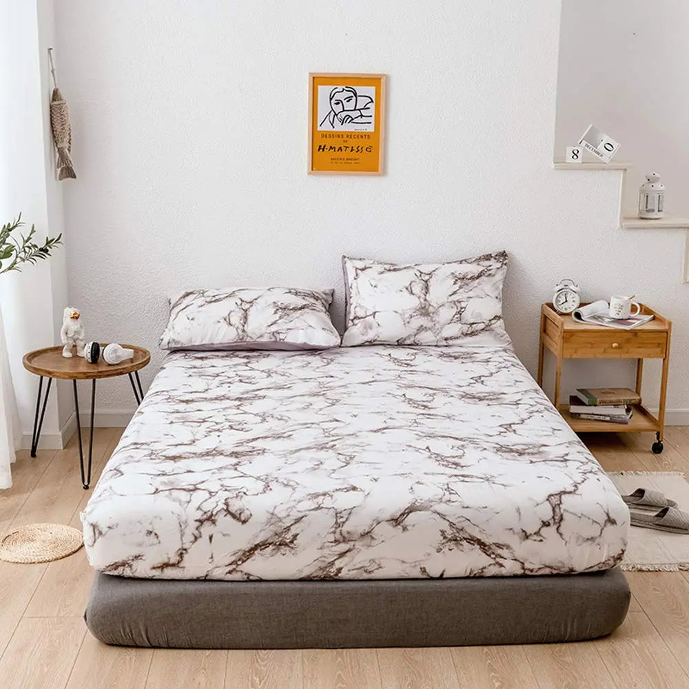 Marble Print Fitted Sheet Set with Breathable Microfiber Fabric for Everyday Bedding